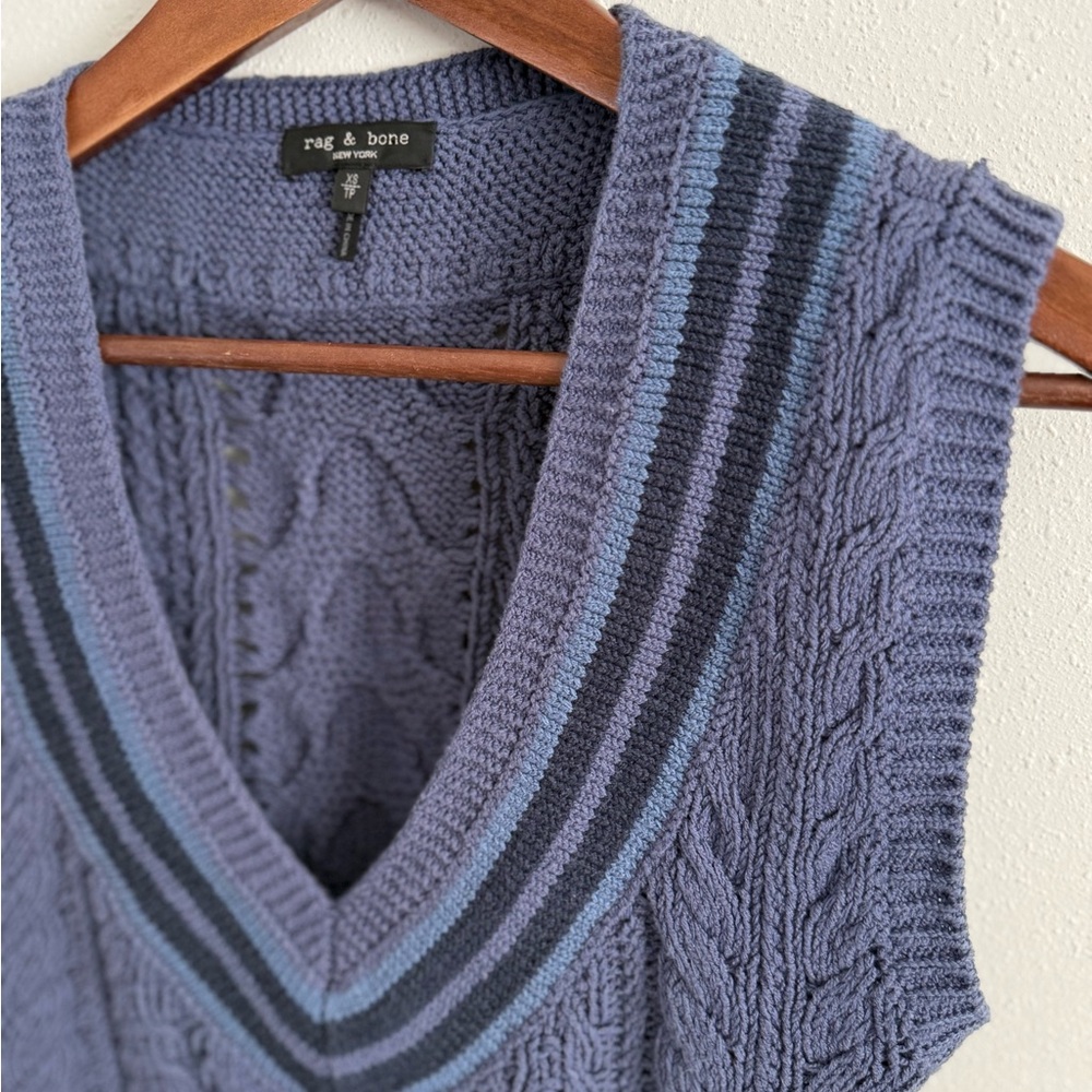 rag & bone Cable Knit Sweater Vest | Blue Contrast | XS | Preppy Academia - Picture 7 of 16